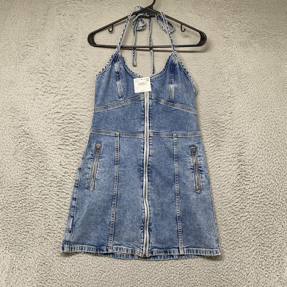 American Eagle Denim Dress Womens 10 Blue Halter Mini Zip Pockets Y2K Babydoll
